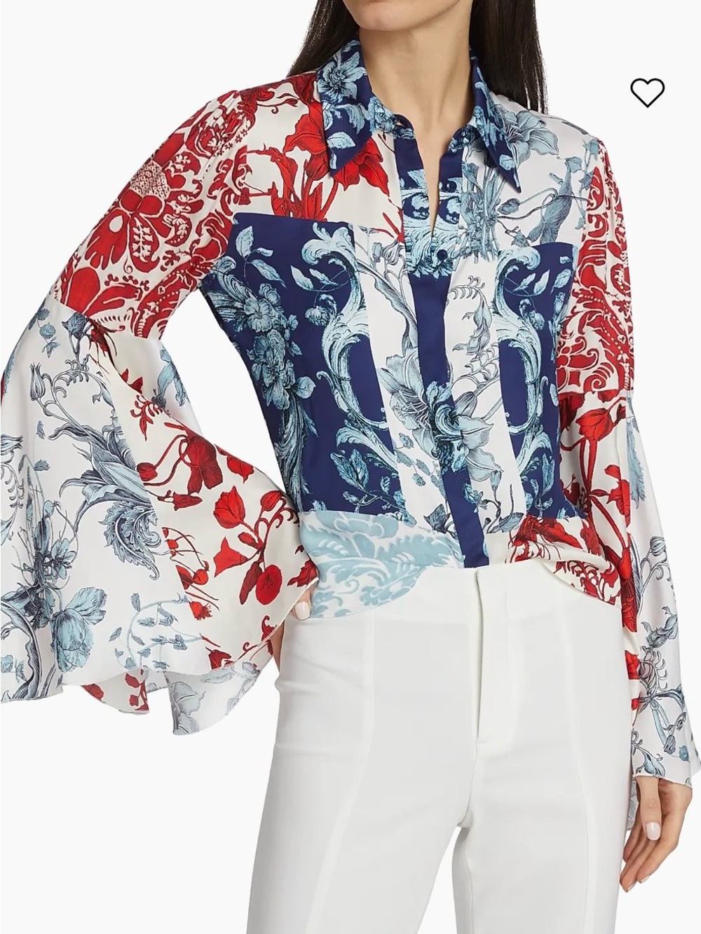 Alice + Olivia Mixed Floral Patchwork Blouse - Red, Navy & White